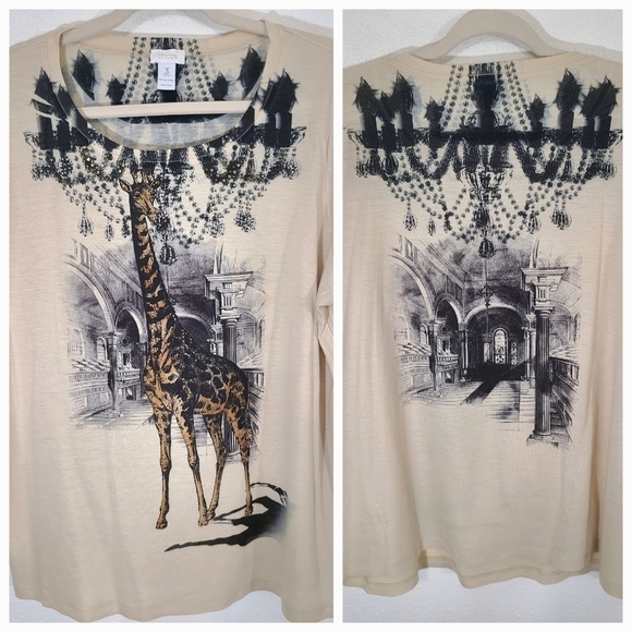 CHICO'S 3/4 Sleeve Giraffe Sequin Beaded Top Front/Back Graphics, size 3 (Large) - Picture 1 of 9